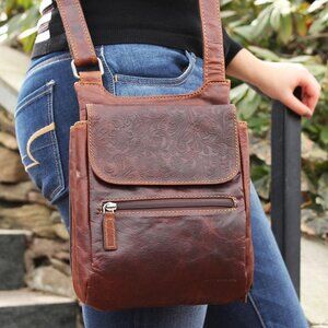 Jack Georges Voyager Slim Crossbody Brown Embossed Floral Leather FL831 NWT $195